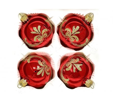 Sklenené vianočné gule 7 cm „Kráľovská červeň“ – Lesklá červená so zlatým ornamentom ( sada 4 ks )