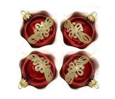 Sklenené vianočné gule 7 cm „Červené kráľovstvo“ – Luxusná elegancia s trblietavým ornamentom ( sada 4 ks )