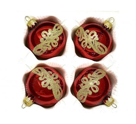 Sklenené vianočné gule 7 cm „Červené kráľovstvo“ – Luxusná elegancia s trblietavým ornamentom ( sada 4 ks )