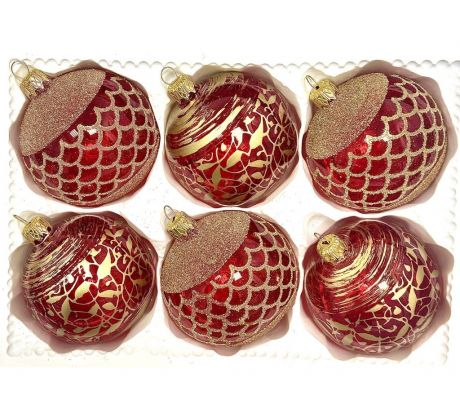 Červené sklenené vianočné gule 8 cm – Kráľovská elegancia so zlatým dekorom – sada 6 ks
