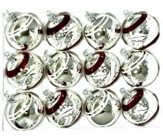 Sklenené vianočné ozdoby „Strieborné slávnostné špirály“, 7 cm, strieborno-červené s bielym dekorom – sada 12 ks