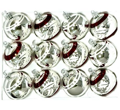Sklenené vianočné ozdoby „Strieborné slávnostné špirály“, 7 cm, strieborno-červené s bielym dekorom – sada 12 ks