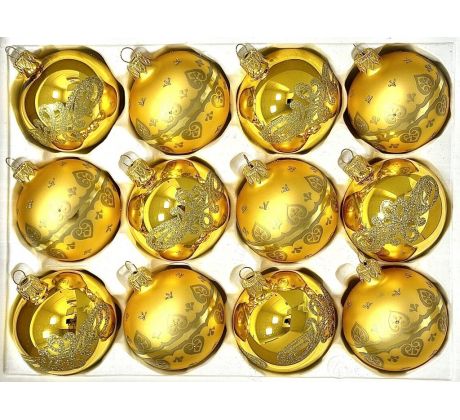 Sklenené vianočné ozdoby „Zlaté srdcové arabesky“, 7 cm, zlaté so zlatým zdobením – sada 12 ks