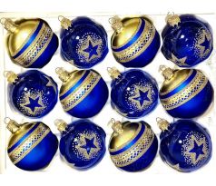 Sklenené vianočné ozdoby „Kráľovská hviezda“, 7 cm, modro-zlaté so zlatými motívmi – sada 12 ks