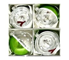 Sklenené vianočné ozdoby „Zimná krajina v guli“, 8 cm, číre so zeleno-bielym zdobením- sada 4 ks