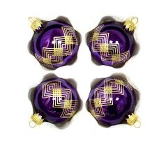 Sklenené vianočné gule 7 cm „Art Deco Royal“ – Lesklá fialová so zlatým geometrickým vzorom ( sada 4 ks )