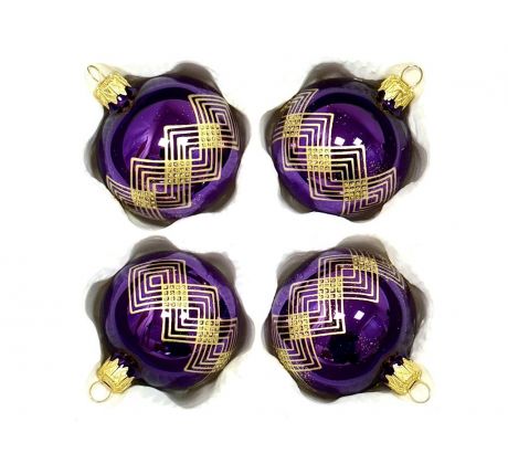 Sklenené vianočné gule 7 cm „Art Deco Royal“ – Lesklá fialová so zlatým geometrickým vzorom ( sada 4 ks )