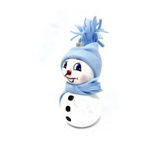 Veselý sklenený snehuliak s modrou čiapkou a šálom – 18 cm