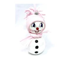 Veselý sklenený snehuliak s ružovou čiapkou a šálom – 18 cm