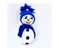 Veselý sklenený snehuliak s tmavo modrou čiapkou a šálom – 18 cm
