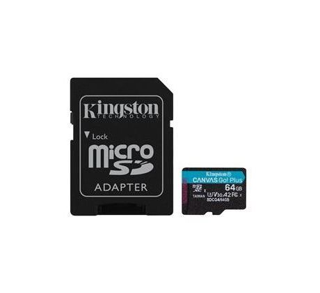Pamäťová karta Kingston Canvas Go! Plus microSDXC 64GB Class 10, UHS-I, U3, V30, A2, 200/104MB/s (+ adaptér)