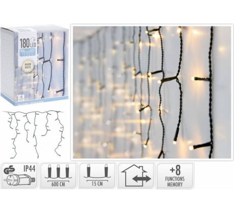 Svetlo vianočné cencúle 180 LED, teplé biele s funkciami, vonkajšie