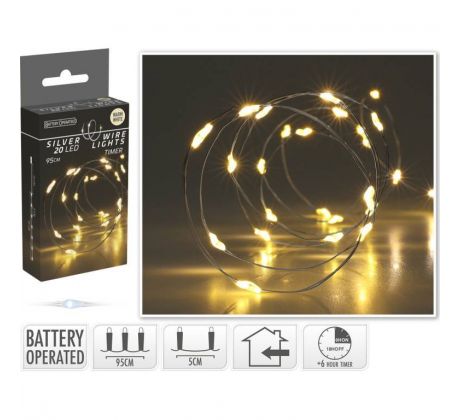 Svetlo vianočné 20 LED teplé biele, s časovačom, baterky, vnútorné
