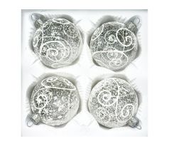 Číre vianočné gule s bielym mrazivým ornamentom – sada 4 ks, veľkosť 7 cm