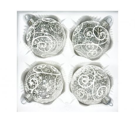 Číre vianočné gule s bielym mrazivým ornamentom – sada 4 ks, veľkosť 7 cm
