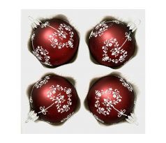 Ruby Lace – červené sklenené gule s bielym srdiečkovým ornamentom, 7 cm