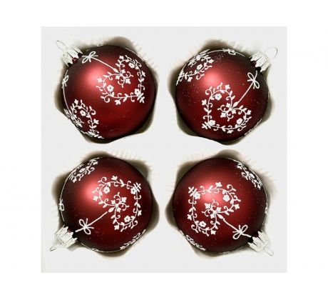 Ruby Lace – červené sklenené gule s bielym srdiečkovým ornamentom, 7 cm