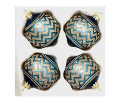 Zigzag elegancia – modré sklenené vianočné ozdoby s trblietavým cikcak vzorom, 7 cm