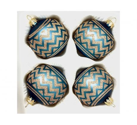 Zigzag elegancia – modré sklenené vianočné ozdoby s trblietavým cikcak vzorom, 7 cm
