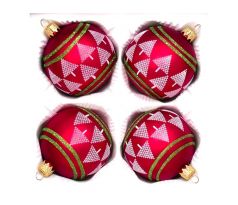 Sklenená vianočná guľa Ø 7 cm – Nordic stromčeky & zelený gliter (sada 4 ks)