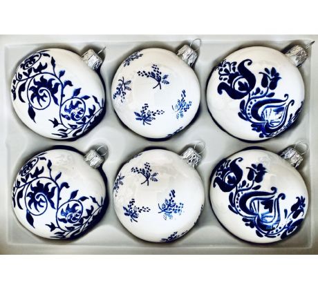 Sklenené vianočné ozdoby „Cibuláková noblesa“, 7 cm, bielo-modré, súprava 6 ks