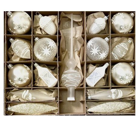 Irisa Luxusná sada sklenených vianočných ozdôb v bielo-striebornej elegancii – 37 ks so špicou