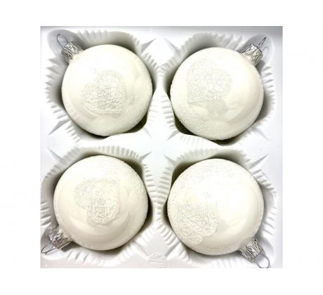 Biele sklenené vianočné gule so srdcom – sada 4 ks (7 cm)