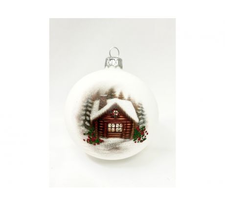 Sklenená vianočná guľa 8 cm – Zasnežená chalúpka s vencom, možnosť vlastného textu