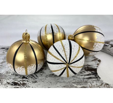 Vianočné gule 22/4493/8/4ks – zlatá metalíza, zlato-čierne pásiky