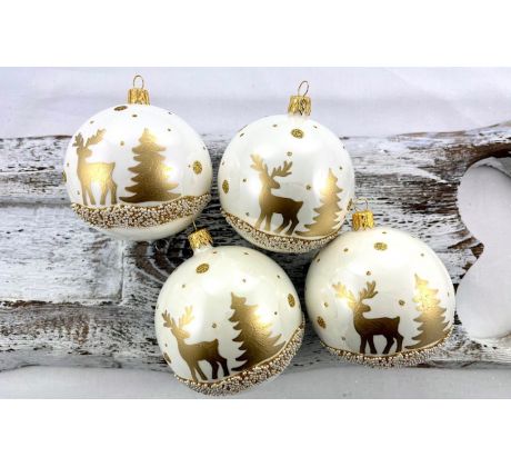 Vianočné gule 26/2028/8/4ks – biele + zlatý strom a jeleň