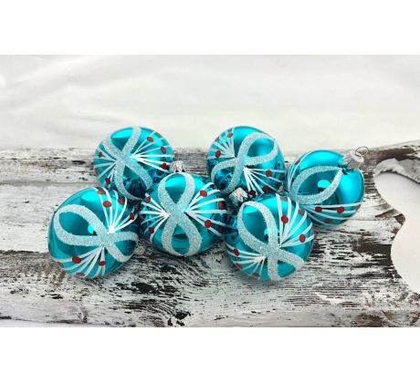 Vianočné gule 22/4547/6/6ks – tyrkys + červ. bodky /retro 