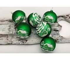 Vianočné gule 24/8186/7/6ks – zelené chalúpky-retro