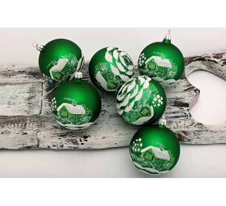 Vianočné gule 24/8186/7/6ks – zelené chalúpky-retro