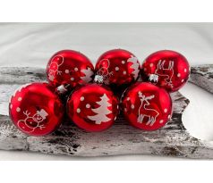 Vianočné gule 22/4561/7/6ks – červené + jeleň, stromček, snehuliak
