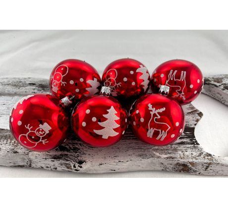 Vianočné gule 22/4561/7/6ks – červené + jeleň, stromček, snehuliak