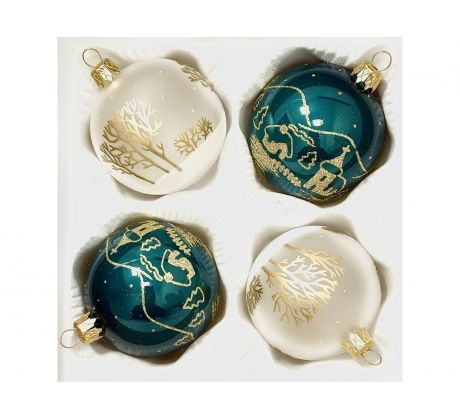 Sada vianočných gulí Zimná harmónia – petrolejová a biela so zlatým dekórom (7 cm)