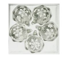 Sklenené vianočné gule 6 cm – Číre s bielymi vločkami (sada 5 ks)