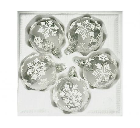 Sklenené vianočné gule 6 cm – Číre s bielymi vločkami (sada 5 ks)