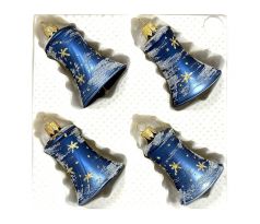 Modré sklenené vianočné zvončeky so zlatými vločkami 7 cm – súprava 4 ks