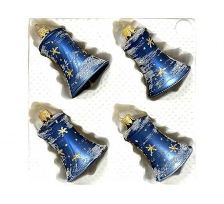 Modré sklenené vianočné zvončeky so zlatými vločkami 7 cm – súprava 4 ks